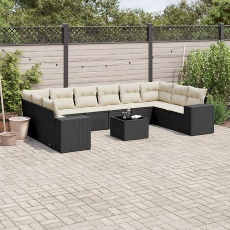 Gartenmöbel Set 11 Teile mit Kissen Schwarz Geflochtene Rattan