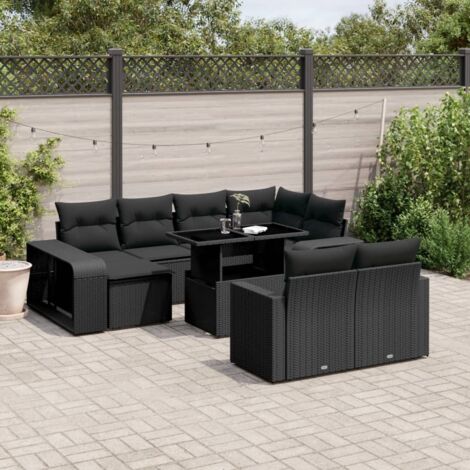 Gartenmöbel-Set 11 Teile mit Kissen schwarz geflochtene Rattan