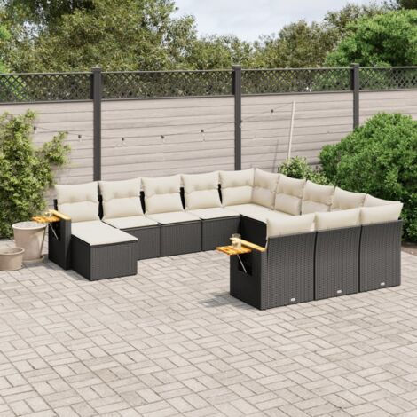 Gartenmöbel Set 11 Teile mit Kissen Schwarz Rattan