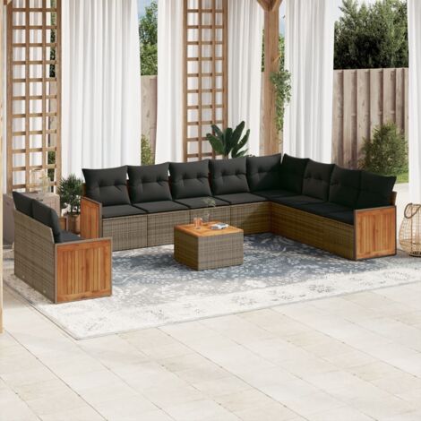 Gartenmöbel-Set 11-teilig mit grauen Kissen aus Geflecht