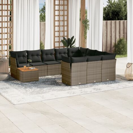 Gartenmöbel-Set 11-teilig mit grauen Kissen aus geflochtenem Kunstharz