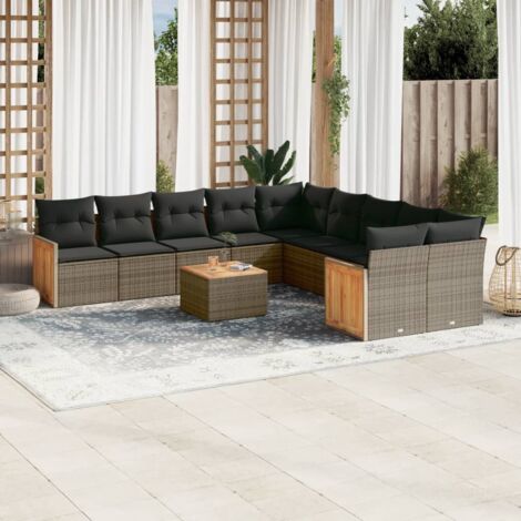 Gartenmöbel Set 11-teilig mit grauen Kissen aus geflochtener Kunstfaser