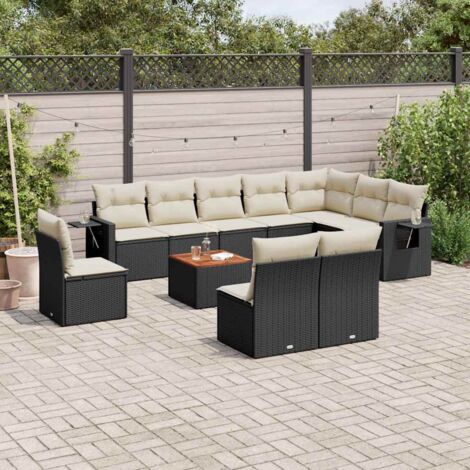 Gartenmöbel Set 11-teilig mit Kissen Schwarz aus Geflecht