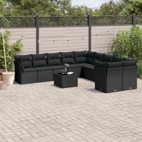 Gartenmöbel Set 11-teilig mit Kissen schwarz geflochtene Rattan