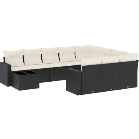 Gartenmöbel-Set 11-teilig mit Kissen Schwarz Kunstrohr