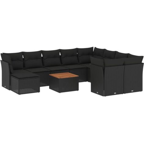 Gartenmöbel-Set 11-teilig mit schwarzen Kissen aus geflochtener Kunstfaser