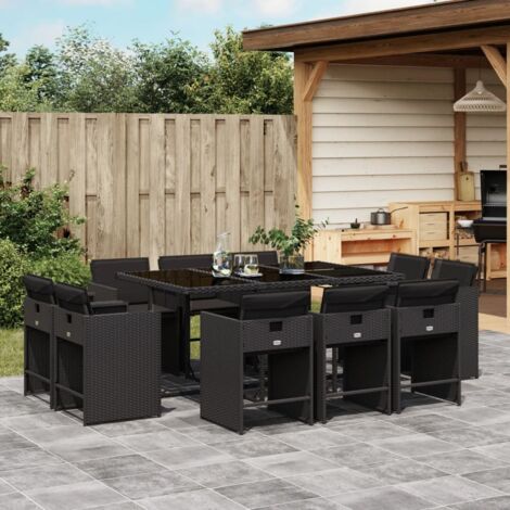 Gartenmöbel Set 11-teilig mit schwarzen Kissen aus geflochtener Rattan
