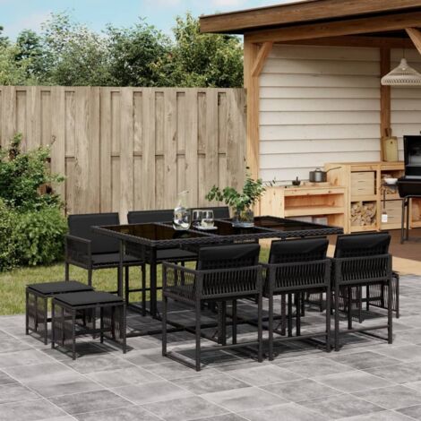 Gartenmöbel Set 11-teilig mit schwarzen Kissen aus geflochtener Rattan
