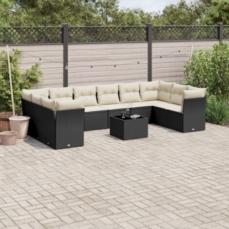 Gartenmöbel-Set 11-teilig mit schwarzen Kissen aus Rattan