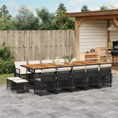 Gartenmöbel Set 15 Stück mit schwarzen Kissen aus Geflecht