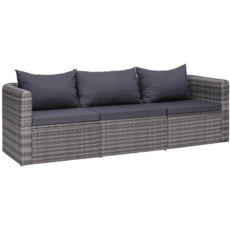 Gartenmöbel-Set 3 Teile mit Kissen Grau Rattangeflecht