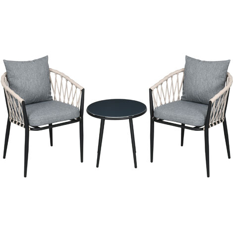 Gartenmöbel-Set, 3-tlg., runder Tisch mit Hartglasplatte, zwei Stühle, grau - Grau