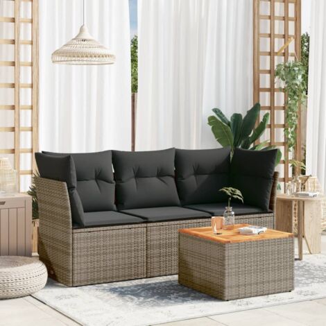 Gartenmöbel Set 4-teilig mit grauen Kissen aus geflochtener Kunstfaser