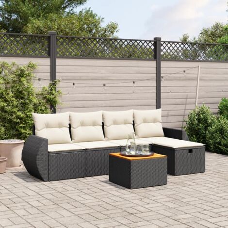 Gartenmöbel-Set 6 Teile mit Kissen Schwarz Geflecht