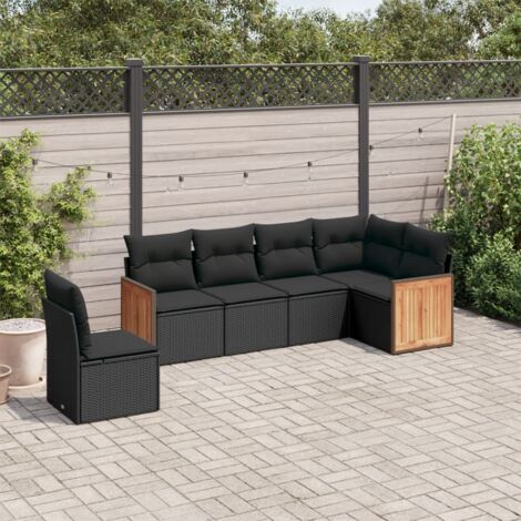 Gartenmöbel Set 6-teilig mit Kissen Schwarz Geflochtene Rattan