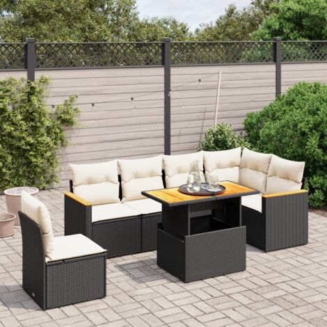 Gartenmöbel-Set 7 Teile mit Kissen Schwarz Geflecht