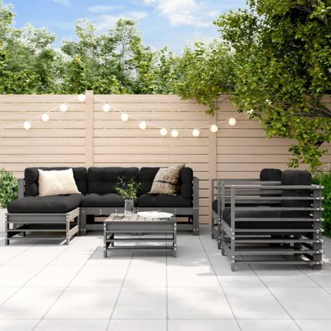 Gartenmöbel Set 7-teilig mit grauen Kissen aus massivem Holz