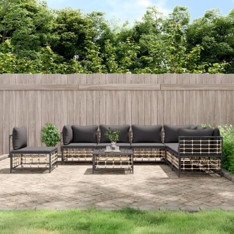Gartenmöbel-Set 8-teilig mit anthrazitfarbenen Kissen aus geflochtener Rattan