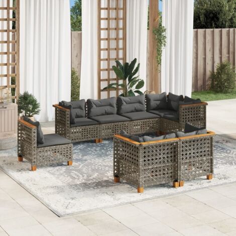 Gartenmöbel Set 8-teilig mit grauen Kissen aus Geflecht