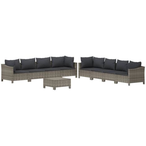Gartenmöbel-Set 9 Teile mit Kissen Grau Rattan