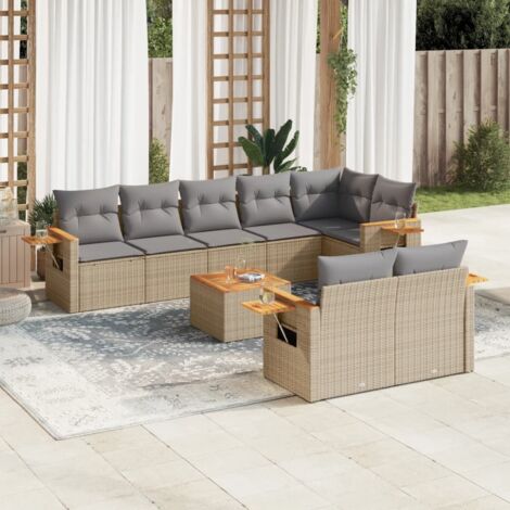 Gartenmöbel-Set 9-teilig mit grauen Kissen aus geflochtener Kunstharz