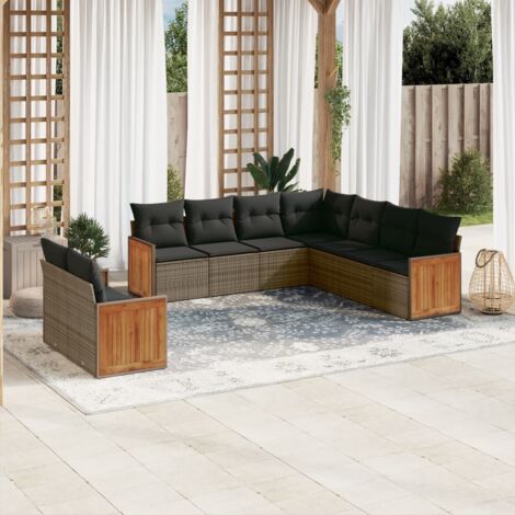 Gartenmöbel Set 9-teilig mit grauen Kissen aus geflochtener Rattan