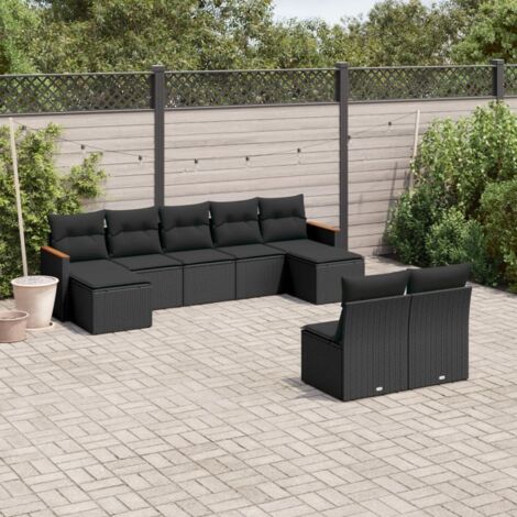 Gartenmöbel Set 9-teilig mit Kissen in Schwarz aus Geflecht