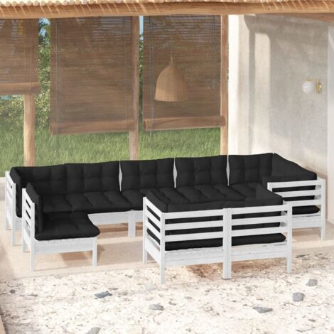 Gartenmöbel-Set 9 Teilig mit weißen Kissen aus massivem Kiefernholz