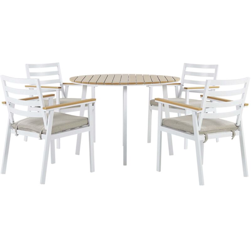 Beliani Gartenmöbel Set Tisch Mit 4 Stühlen Weiß Mit Beigen Sitzkissen Alumunium / Kunstholz Outdoor Indoor Garten Salon Wohnzimmer Terrasse