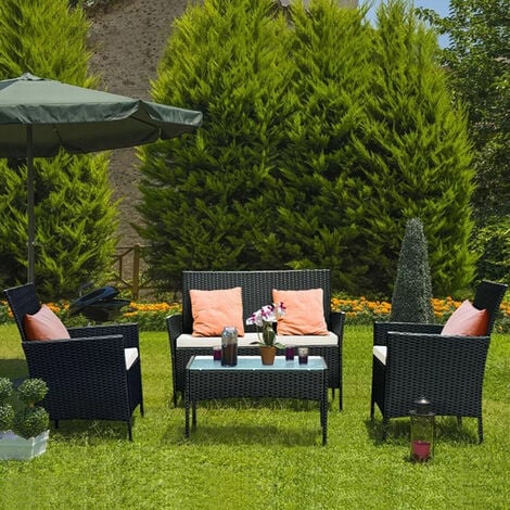 Gartenmöbel Set - BIGZZIA - Polyrattan Lounge Gartengarnitur 2 x Sessel + 1 x Doppelsitz-Sofa + 1 x Tisch + 3 x Kissen
