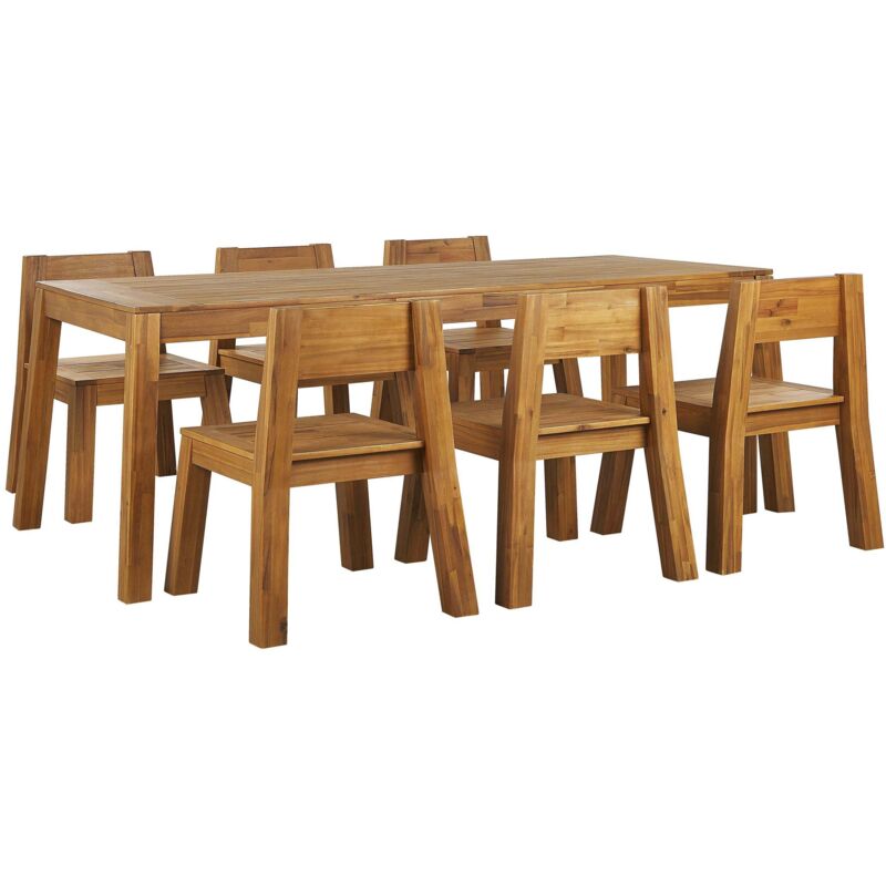 Beliani Gartenmöbel Set Hellbraun Akazienholz Rechteckiger Tisch 210x90 Cm Mit 6 Stühlen Rustikal Terrasse Outdoor Indoor Gartenausstattung