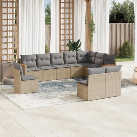Gartenmöbel-Set mit 10 Kissen, gemischtes Beige, geflochtenes Harz