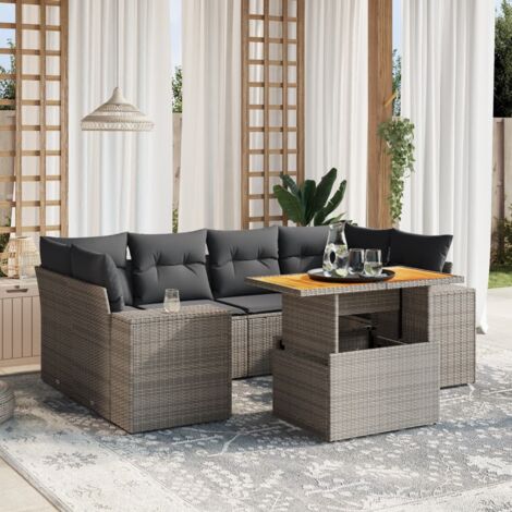 Gartenmöbel-Set mit 7 Kissen aus grauem Geflecht