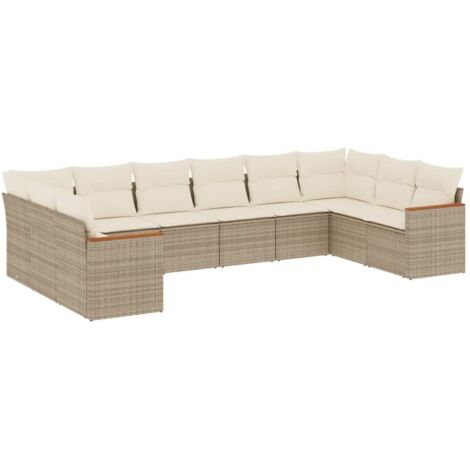 Gartenmöbel-Set mit Kissen 10 Stück Beige Geflochtene Rattan