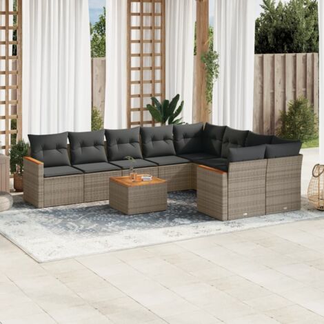 Gartenmöbel Set mit Kissen 10 Stück grau Rattan