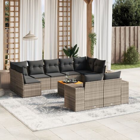 Gartenmöbel-Set mit Kissen 10 Teile Grau Geflecht