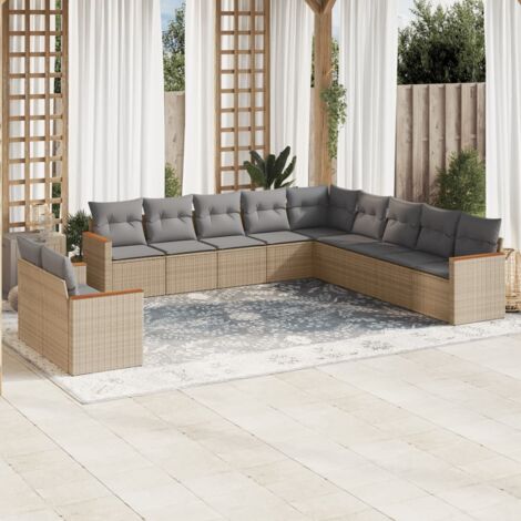Gartenmöbel-Set mit Kissen 11-teilig in beige gemischter Geflecht-Optik