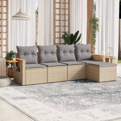 Gartenmöbel Set mit Kissen 5 Teile Beige Geflochtene Kunstfaser