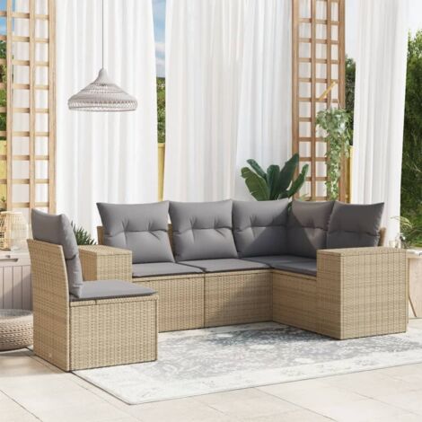 Gartenmöbel-Set mit Kissen 5-teilig Beige Geflochtenes Kunststoff