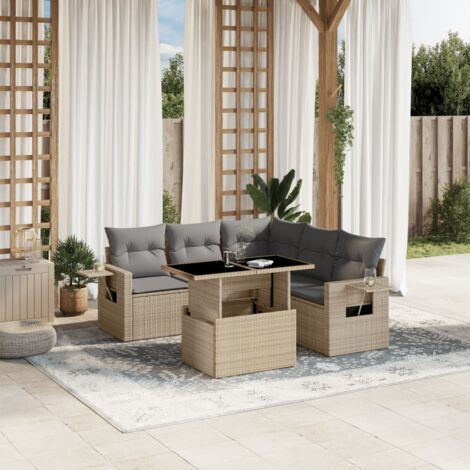 Gartenmöbel-Set mit Kissen 6 Teile beige geflochtenes Polyester