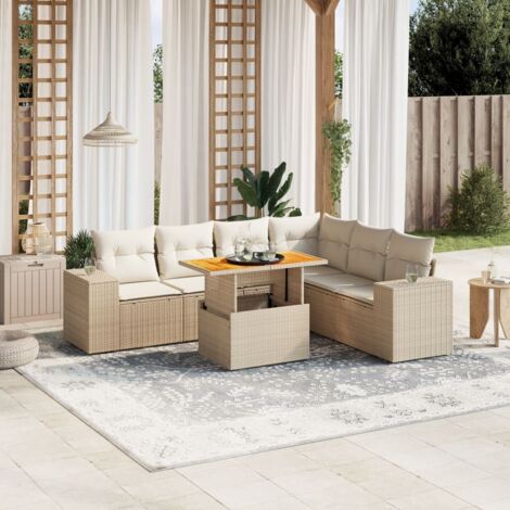 Gartenmöbel-Set mit Kissen 7 Teile Beige Geflochtene Kunststoffe