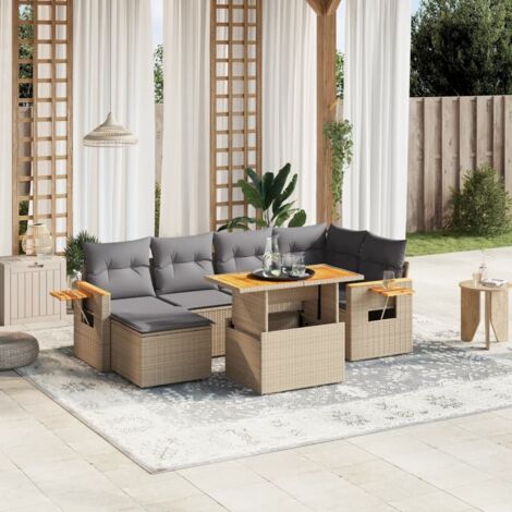 Gartenmöbel Set mit Kissen 7 Teile beige geflochtene Rattan