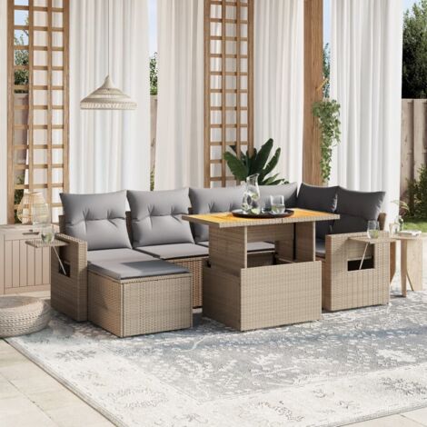Gartenmöbel-Set mit Kissen 7 Teile beige Rattan