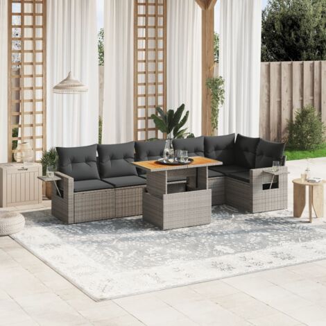 Gartenmöbel Set mit Kissen 7 Teile grau geflochtene Kunstfaser