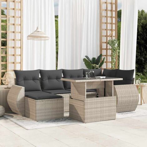 Gartenmöbel-Set mit Kissen 7 Teile grau Poly-Rattan