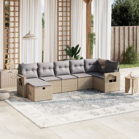 Gartenmöbel-Set mit Kissen 7-teilig, gemischtes Beige, geflochtene Kunstfaser