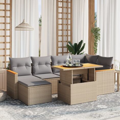 Gartenmöbel Set mit Kissen 7-tlg. beige Rattan