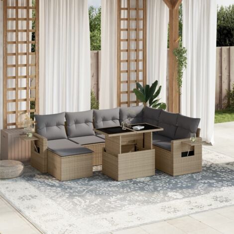 Gartenmöbel-Set mit Kissen 8 Teile beige Rattan