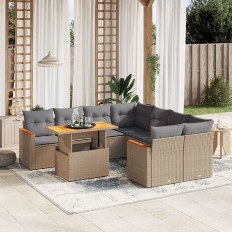 Gartenmöbel-Set mit Kissen 9 Teile beige geflochtene Harz