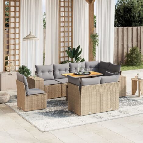 Gartenmöbel-Set mit Kissen 9-teilig beige Geflecht